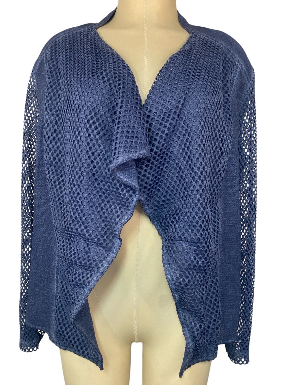 Chicos Open Front Navy Blue Fishnet Cardigan Women’s Size 2